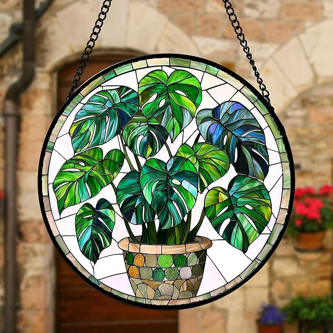 Stained Glass Window Hanging, Green Plant Monstera t Suncatcher Diamond Colorful Glass Panel Sun Catchers Decor for Birthday for Women, Men, Wife, Aunt, and Mom 11.8x11.8 in