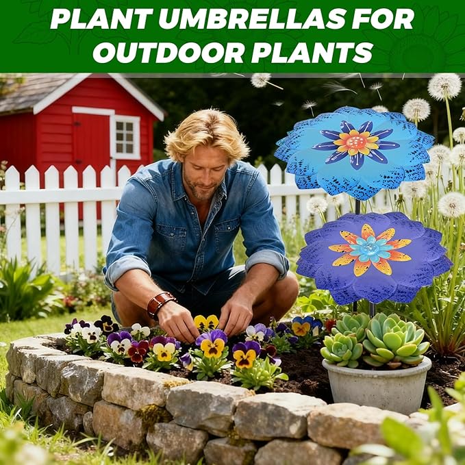 Woskailly 2 Pack Metal Plant Umbrella for Outdoor Small Plants, 12 in Garden Shade Disk for Small Potted, Outdoor Sun Shade Cover for Patio Flowers, Defend Plants From Blazing Sun and Rain