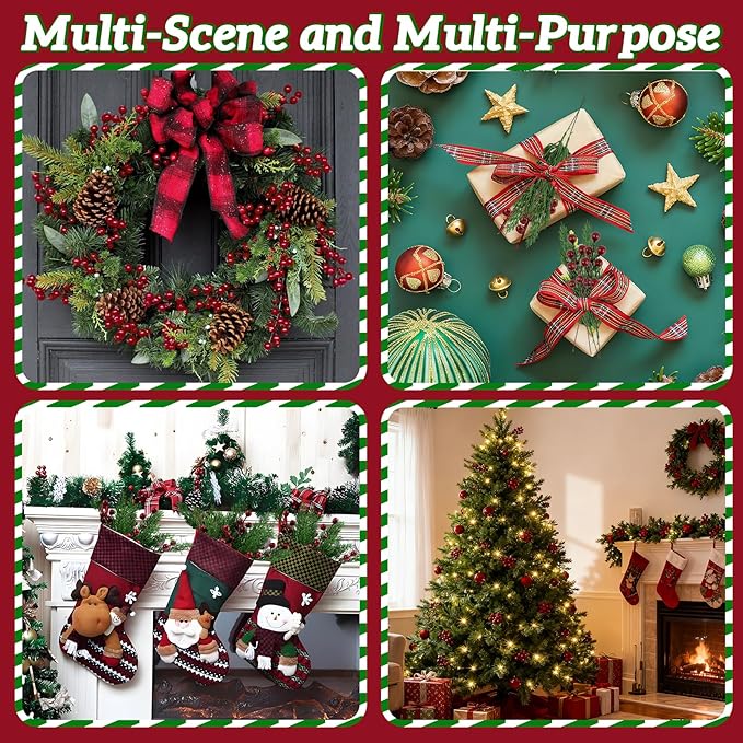 MEMOVAN 45PCS Christmas Norfolk Pine Branches with Red Berry Stems Artificial Christmas Green Pine Stem Faux Cedar Pine Needles with Holly Berries Greenery Pines Picks Sprays for Vase Xmas Tree Wreath