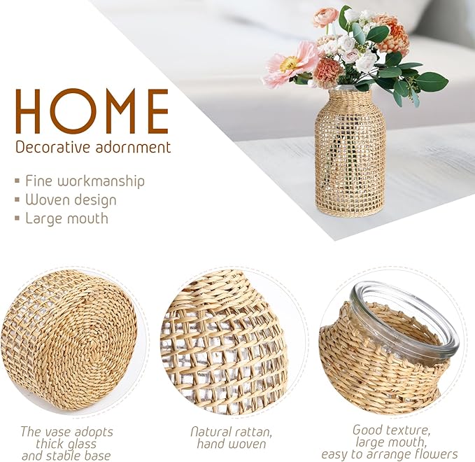 DOITOOL Glass Vase with Rattan Cover, Farmhouse Rattan Vase, Wicker Vase Flower Bud Vase, Decorative Flower Vase Floral Container for Floral Arrangements Housewarming Party Home Decor (L+XS)