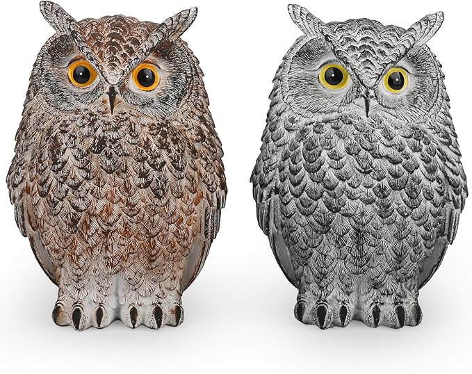 Yanflerent 2 Pack Realistic Owl Statues for Indoor & Outdoor Decoration, Effective Birds Deterrent for Garden, Patio, Yard, and Home Decor, Suitable for Spring Decor (Brown & Gray)