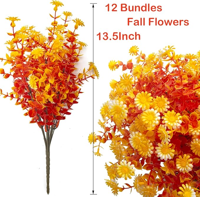Grunyia 12 Bundles Artificial Fall Flowers for Outdoors Fake Plants - Faux Outside Greenery Boxwood No Fade Plastic Shrubs Decor Farmhouse Home Garden Thanksgiving (Fall Yellow)