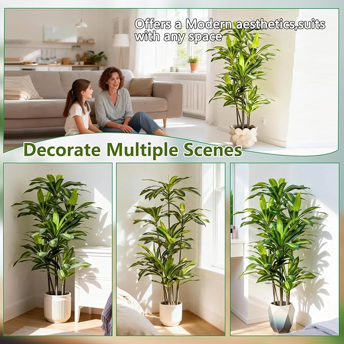 Dracaena Artificial Plant Indoor 5FT - Tall Faux Floor Plant in Pot - Large Tropical Fake Tree with Lifelike Leaves - Artificial Dracaena Tree for Home Office Living Room Decor
