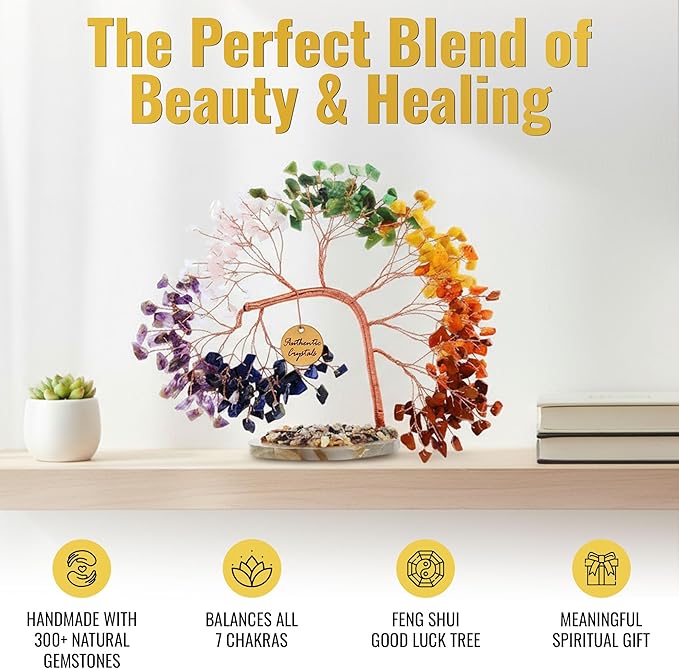 ANAYA AGATE 7 Chakra Crystal Tree of Life – Handmade Healing Gemstone Bonsai Trees for Home & Office Décor – Feng Shui Money Tree for Positive Energy, Good Luck & Spiritual for Women