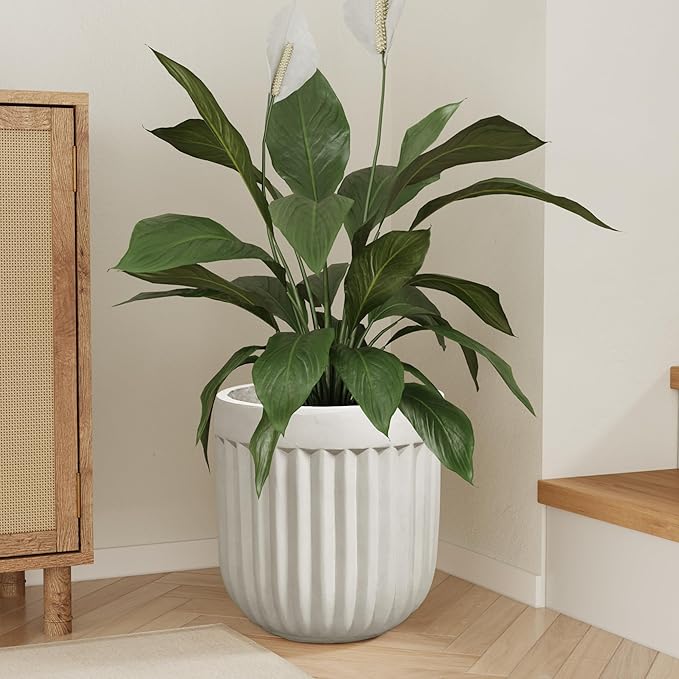 Round Planter with Vertical Ribs, 12 Inch Large Plant Pots with Drainage Hole, Modern Planters for Indoor Outdoor Plants, Home Decor, White