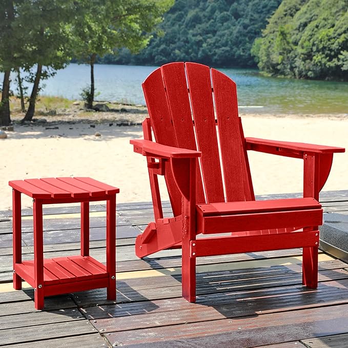 Folding Adirondack Chair Set with Side Table - HDPE Outdoor Patio Chairs, Weatherproof Chair with Reclining Back, Cup & Phone Holder, and 2-Tier Storage End Table for Firepit or Garden (Red)
