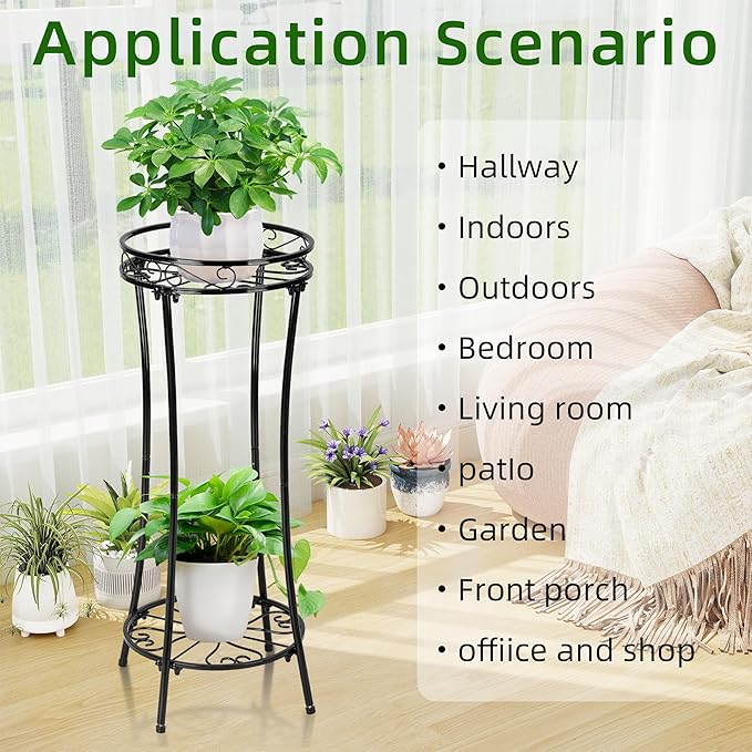 Azysow Plant Stand Indoor Outdoor 2 Tier 29" Tall Metal Heavy Duty Rustproof Plant Shelf, Round Multi Tier Flower Pot Holder for Garden Patio Balcony, Black (Black set of 2)