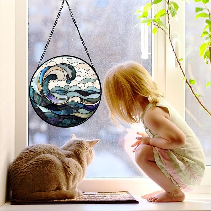 DASTOLL Stained Glass Window Hanging, Ocean Waves Sun Catchers Diamond Glass Panel Hangings Abstract Suncatcher Decor for Birthday for Women, Men, Wife, Aunt, and Mom 9.8 in