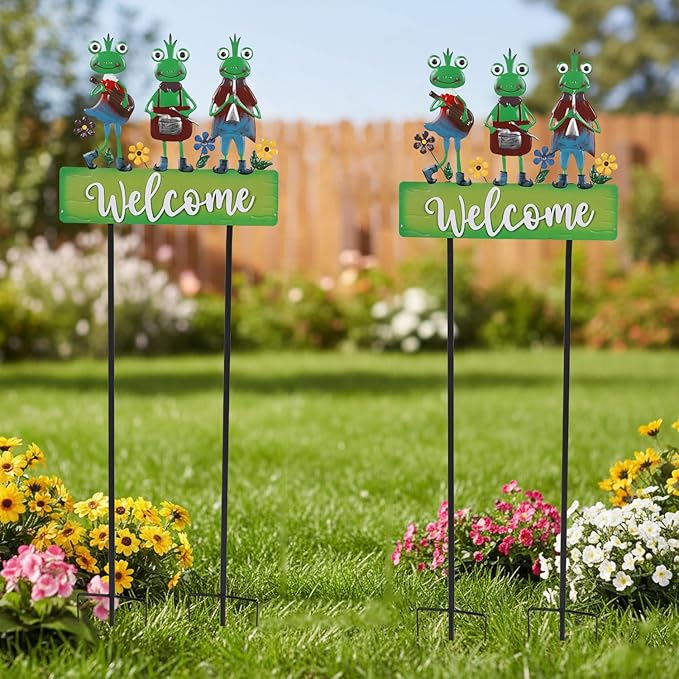 Frog Garden Stakes Decorative Large 41.7inch with Welcome Yard Sign, Whimsical Musical Frogs for Garden Decor Metal Yard Art Outdoor