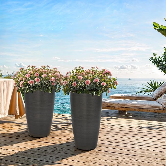 Autodaya 22.8" Tall Planters Set of 2, High-Density Resin Brushed Outdoor Pots for Plants, Versatile Indoor/Outdoor Flower Pots w/Drainage Hole for Patio Garden Porch & Living Room Decor, Ideal Gift