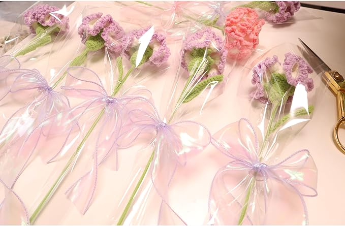 YOOJEE Crochet Flower Pink Carnation Graduation for Wife & Grandma Handmade Knitted Carnation for Women Coworkers Teachers Purple Yarn Flower
