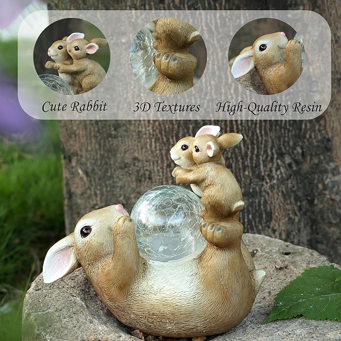 SOFFEE GARDEN Solar Bunny Lamp Playing with Ball, 10x5x9 Inch Outdoor Rabbit Decor, Whimsical Garden Statue for Lawn, Backyard & Night Landscape