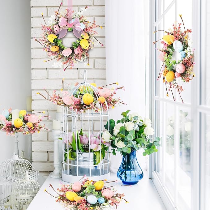8 Pcs Easter Egg Candle Rings Wreaths Mini Artificial Spring Easter Egg Berry Wreath for Front Door Hanging Kitchen Cabinet Wreath with Ribbon for Porch Wall Window Farmhouse Decor