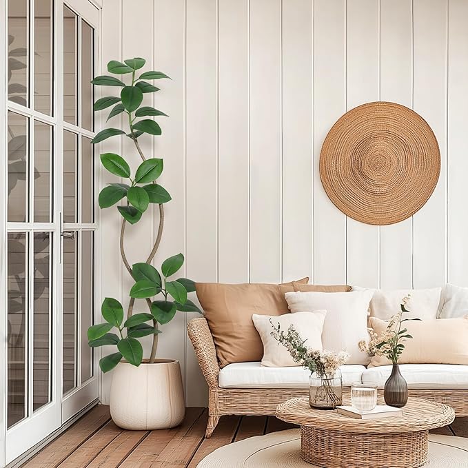 6 ft Artificial Plant Rubber Tree, Large Floor Tree Real Touch, Artificial Plants Indoor Potted with Black Sphere Resin Planter & Stone, Tall Plant Artificial Large Floor