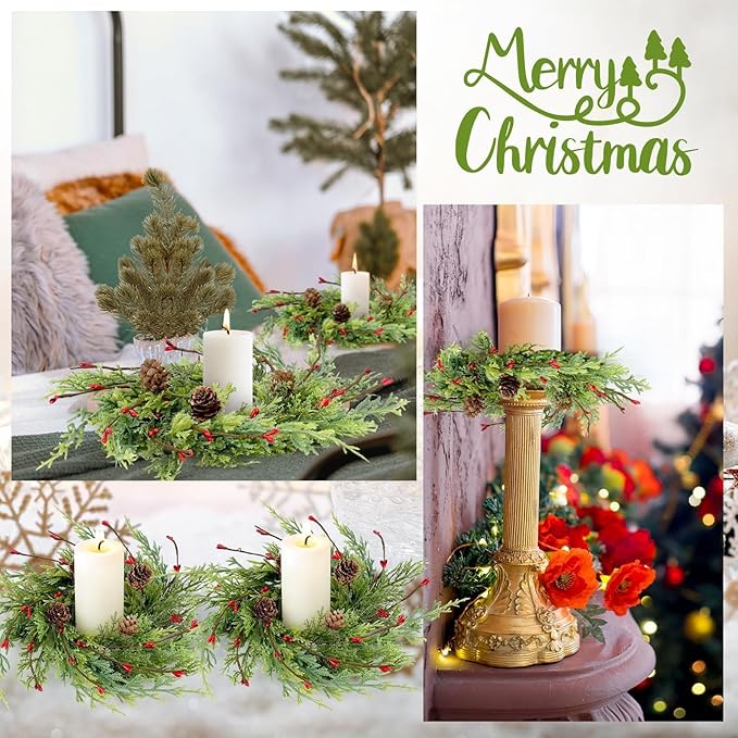 8 Pcs Artificial Christmas Candle Rings 9 Inch Cedar Pine Garland Wreaths with Red Berries Pinecones Wreaths Pine Needles Candle Ring Holder for Christmas Winter Decorations Table Centerpiece