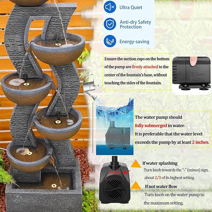 52.8" Tall Outdoor Water Fountain and Waterfall with LED Lights, Cascading Bowl Garden Waterfall Fountain for Patio, Garden, or Porch Decor – Large Freestanding Resin Water Feature for Backyard