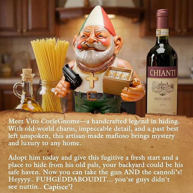 Vito CorleGnome' - 11’’ Funny Gnome Decorations/Ornaments/Figurines for Home/Yard/Patio/Garden/Indoor Statues - Italian Decor Housewarming/Birthday for Any Space/Occassion - NON SOLAR