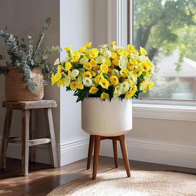 Artificial Morning Glory Flowers Plants for Outdoor 8 Pcs Faux Silk Petunias Flower Realistic Faux Flowers Plants for Outside Planter Porch Yard Patio Balcony Home Indoor Decor (8 Pcs Yellow+White)