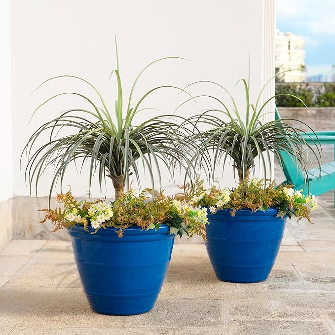 Glitzhome 19.5" D Large Flower Pots, Cobalt Blue Faux Ceramic Finish Plastic Tall Planters, Tall Planters for Outdoor Plants with Drainage Holes, Round Plant Pots for Front Porch Patio Deck, Set of 2