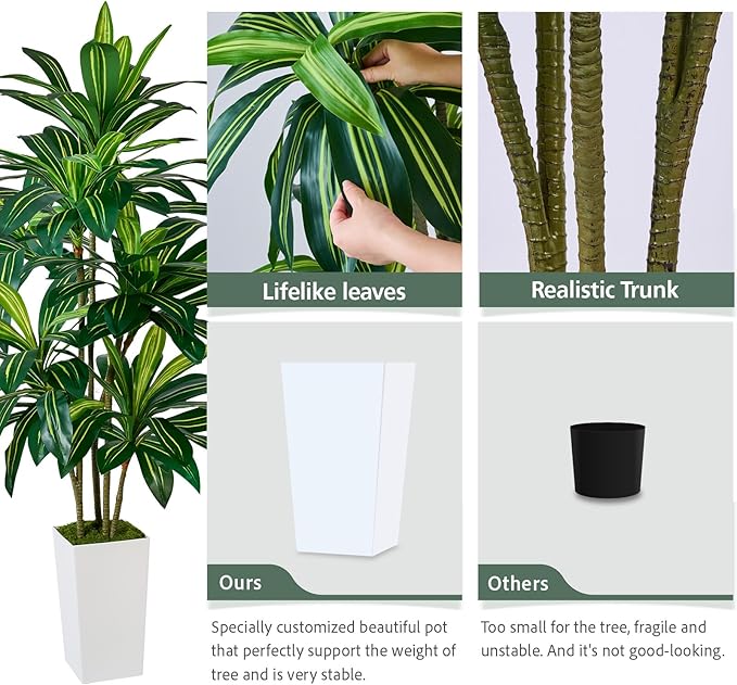 Artificial Dracaena Plant 6FT - Fake Tree with Tall Planter and Fairy Lights, Artificial Trees Faux Yucca Plants Indoor, Fake Plants for Home Office Living Room Decor