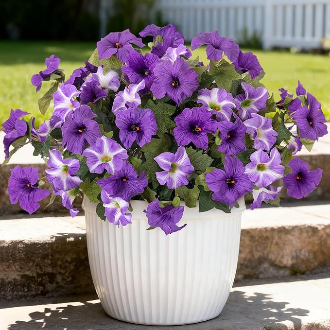 Ammyoo 6 Pcs Artificial Flowers Fake Petunias for Outdoors, Faux Flowers for Outdoor Planter, UV Resistant Realistic Fake Plants for Outside No Fade for Garden Porch Patio Indoor Room Decor(Purple)