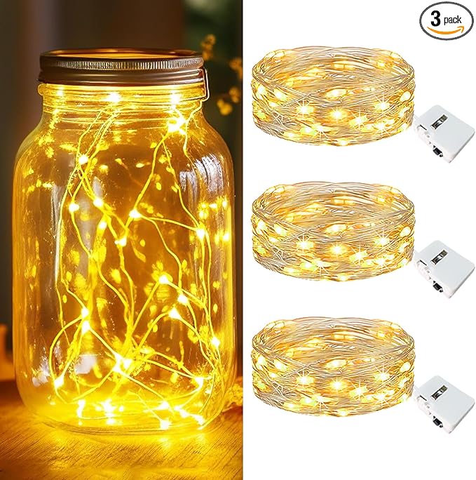 kolpop 3 Pack LED Fairy Lights Battery Operated, Mini Twinkle String Lights Battery Powered Waterproof for Christmas Mason Jars Party,Warm White