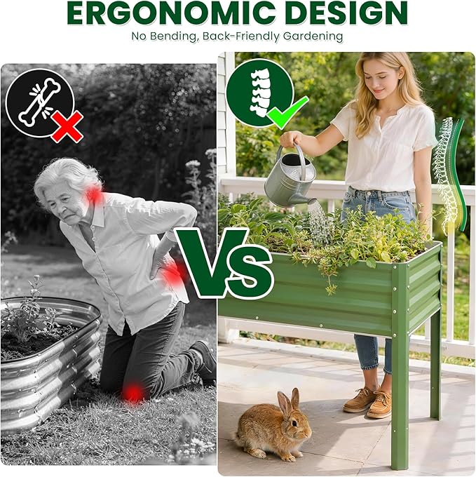 1MORE Elevated Raised Garden Bed with Legs, 48×24×32in Large Metal Raised Bed for Backyard, Patio, Balcony. Raised Planter Box with Drainage Holes for Plants Vegetables Flowers Fruits.Green-1pcs