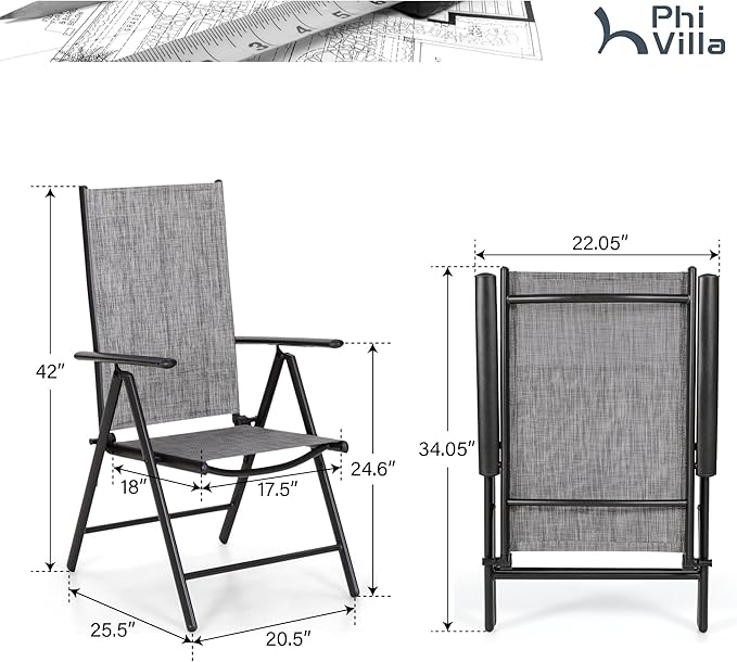 PHI VILLA Patio Folding Chairs Set of 4, Portable Outdoor Dining Chairs with Adjustable Backrest for Outside, Garden, Lawn & Yard, No Assembly, Grey