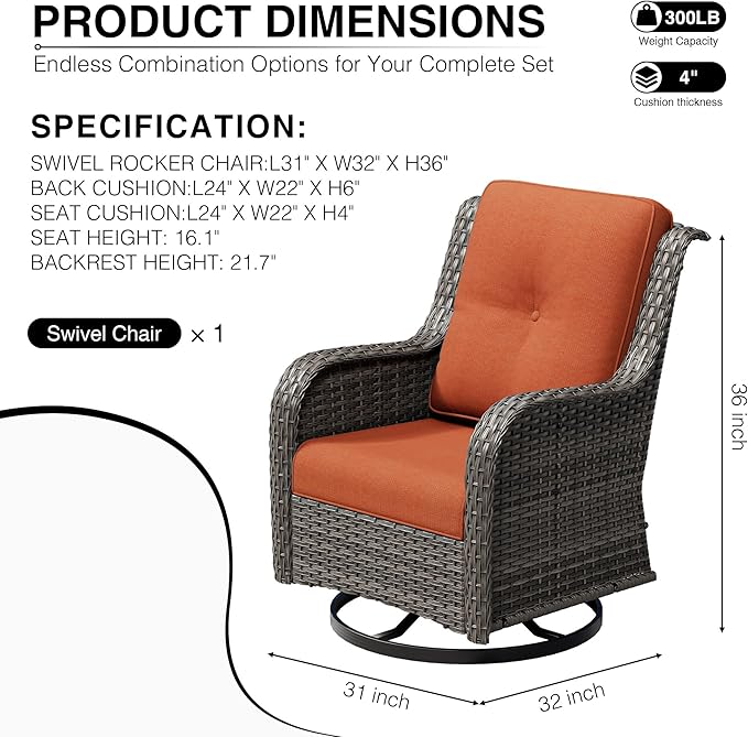 Joyside Outdoor Swivel Rocker Patio Chairs, Wicker Patio Furniture with High Back, Deep Seating, Wide Armrest, Thickened Cushions, Outdoor Rattan Furniture for Deck, Porch Use
