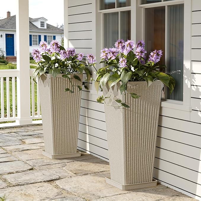 Trygoal Square Tall Planters for Outdoor Plants Set of 2-23.6" Heavy-Duty Classic Tapered Indoor Flower Pots with Drainage Holes/Partition/Tray, Large Outdoor Planters for Porch Patio Garden, Beige