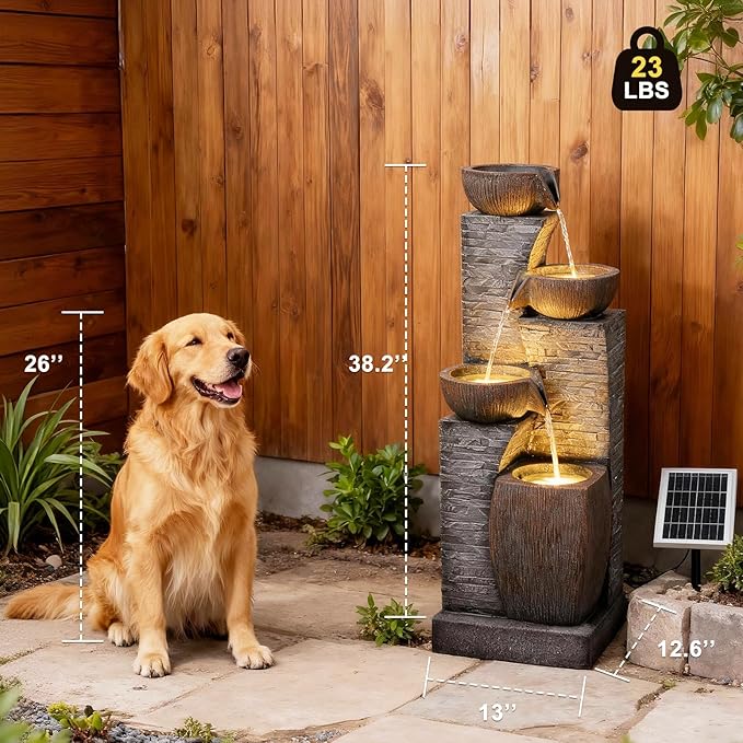 Solar Water Fountain Outdoor Garden, 38.2" Tall Stone Texture Modern Outdoor Fountain with 4 Tiers Cascading Bowls and Pump Solar Panel for Patio, Deck, Porch, Backyard Home Decor