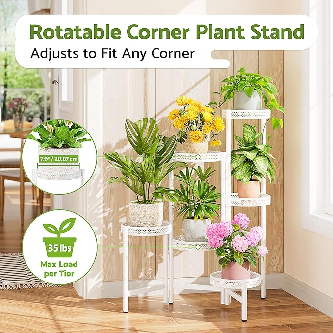 NQW 6 Tier Metal Plant Stand, 6 Potted Multiple Flower Pot Holder Shelf, Indoor&Outdoor Folding Planter Display Shelves for Patio Garden, Living Room, Corner Balcony, Bedroom - WhiteWave