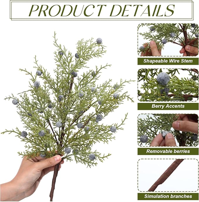 Giegxin 6 Pcs 18 Inch Artificial Juniper Cedar Sprays and Berries Branch Faux Cedar Stems Weather Resistant Christmas Greenery for Holiday Winter Ornament Crafts Wreath Garland