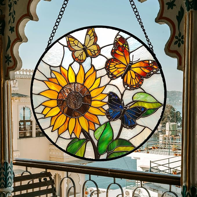 Stained Glass Window Hanging, Butterfly and Sunflowers Sun Catchers Glass Panel Plant Insects Suncatcher Decor for Birthday for Women, Men, Wife, Aunt, and Mom 14.9x14.9 in