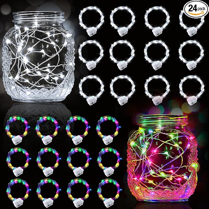 pozzolanas 24 Pack 7ft Waterproof LED Fairy Lights - Battery Operated String Lights with 20 LEDs for Home, Mason Jar, Party, Wedding, Halloween, Christmas Decorations (12 Multicolor & 12 White)