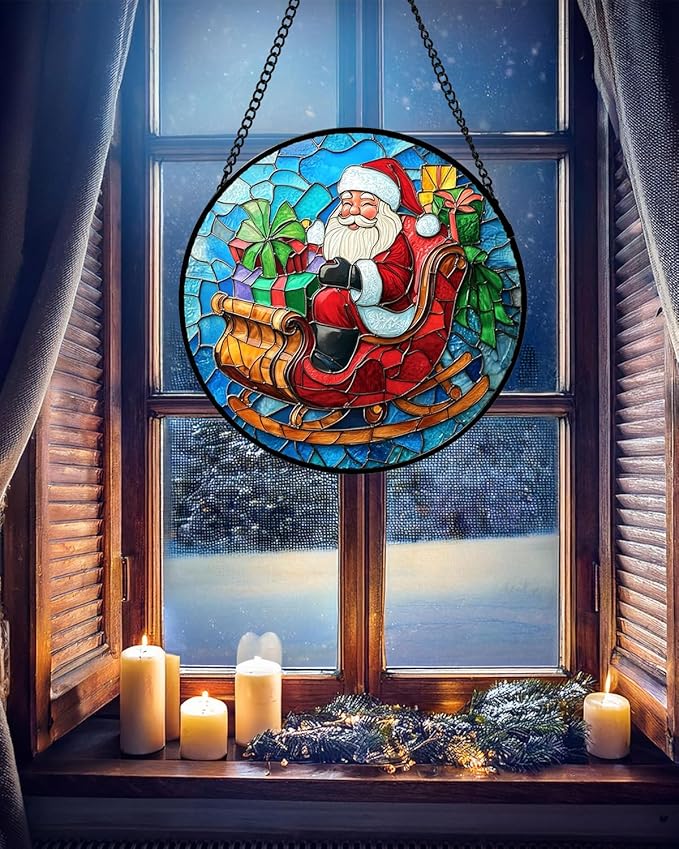 DASTOLL Stained Glass Window Hanging - Red Santa Claus Gift Box Suncatcher for Doors Home Christmas Decoration Winter Sun Catcher Thanksgiving New Year Birthday Gift for Women Men Mom Nana 15 in