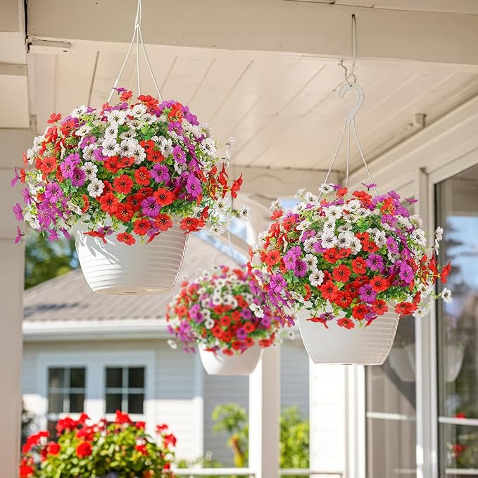 Artificial Spring Flowers Outdoors Faux Plants UV Resistant Plastic Flowers Outdoors Fake Greenery Plants Outside for Garden Porch Planters Silk Flowers Daisy Decor, 12 Bundles (Mix White Red Purple)