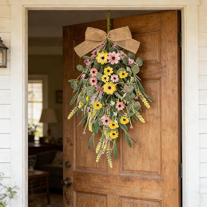 22" Artificial Spring Summer Swag Wreath 2Pcs Spring Summer Floral Teardrop Swags for Front Door Farmhouse Kitchen Cabinet Wreaths with Ribbon Faux Flowers Hanging Wreaths for Porch Wall Window Decor