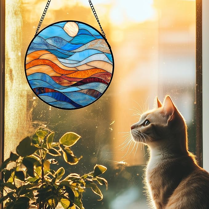 DASTOLL Stained Glass Window Hanging 4 Pcs Set Blue Orange Ocean Beach Theme 9.8" - Suncatcher Door Garden Sun Catcher Decor Birthday Christmas for Mom Woman Nana Men Wife
