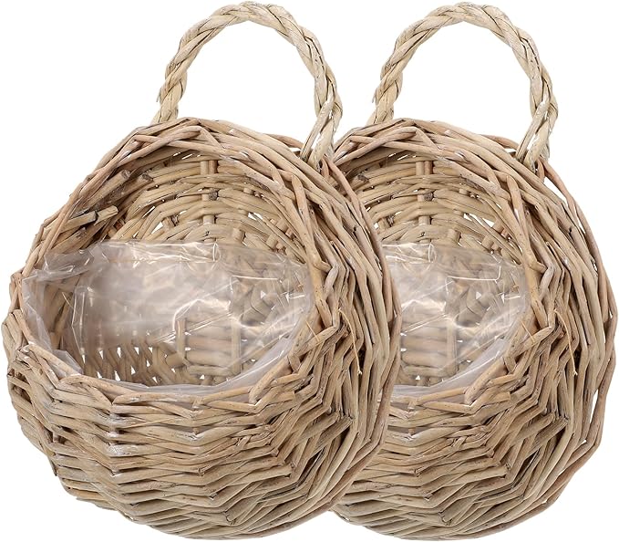 DOITOOL Rattan Basket Hanging 2pcs Rattan Hanging Planters - Round Plant Baskets Bonsai Flowerpot - Woven Flower Pots Flower Holders Containers for Garden Balcony （Dark Khaki）