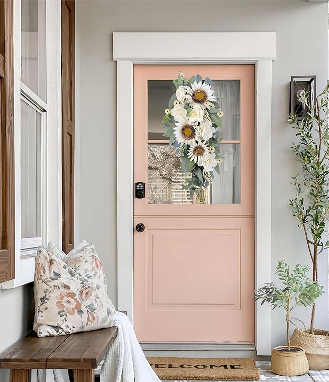 2-Pcs Spring Summer Floral Teardrop Swags - 28” Artificial Sunflower, Peony, Rose Teardrop Wreath for Door, Wall, Window - White Floral Arrangement for Home Decor