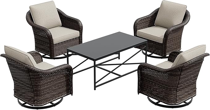 5 Pieces Outdoor Patio Conversation Furniture Set, 4 Pieces Rattan Glider 360 Degree Swivel Rocker Chairs with Removable Cushions, Coffee Table for Porch, Poolside (Beige)