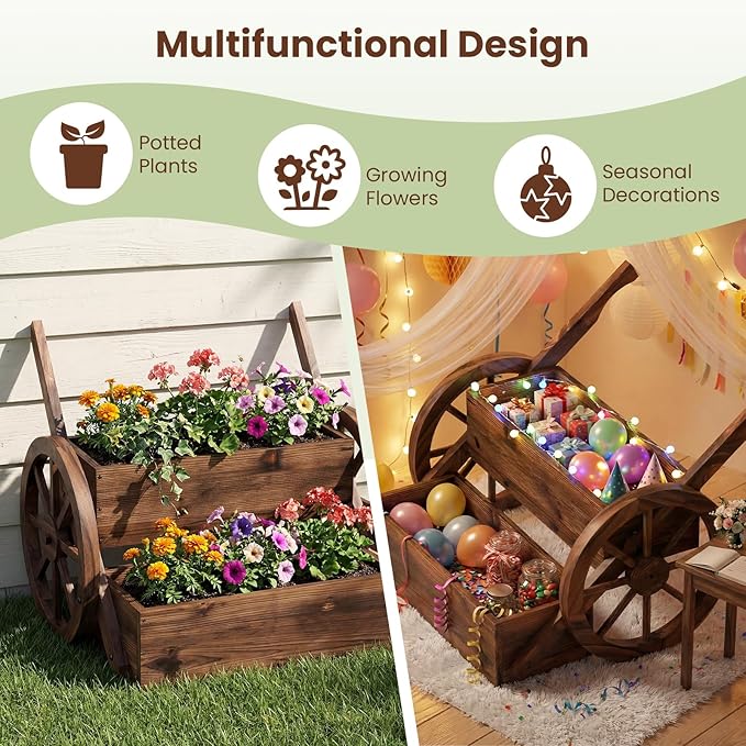 Giantex Wooden Wagon Planter Box, Rustic Garden Planter with Wheels, Handles & Drainage Holes for Flowers Herbs Vegetables, Indoor Outdoor Decorative Flower Cart for Patio Balcony (2)