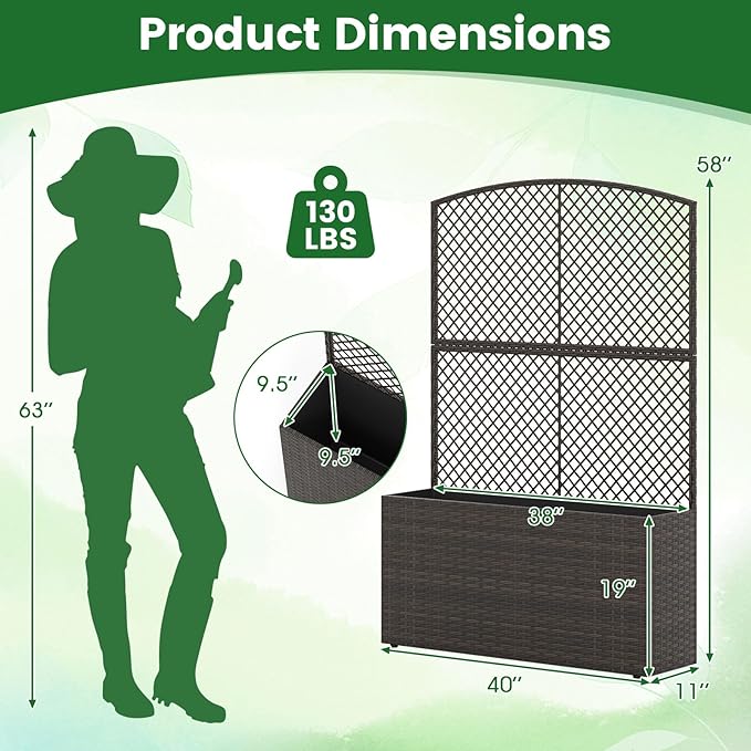Happygrill Raised Garden Bed with Trellis, 58" Wicker Planter Box with Privacy Screen, Liner, Drainage for Patio Balcony, Outdoor PE Rattan Elevated Garden Bed for Climbing Plant Vine Flower (Brown,1)