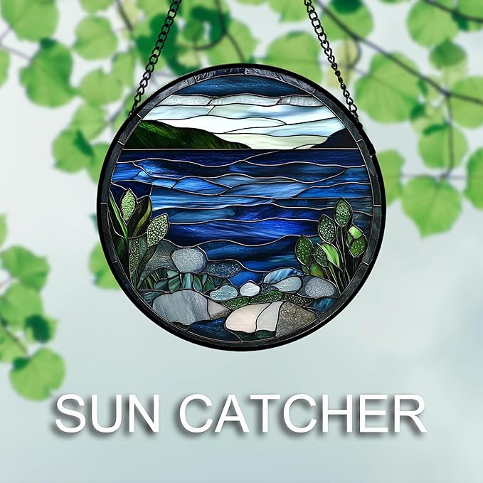Stained Glass Window Hanging 4 Pcs Set Navy Blue Ocean Landscape Large 15" - Suncatcher Door Garden Sun Catcher Decor Birthday Mother's Day for Mom Woman Nana Girl Boy Friend