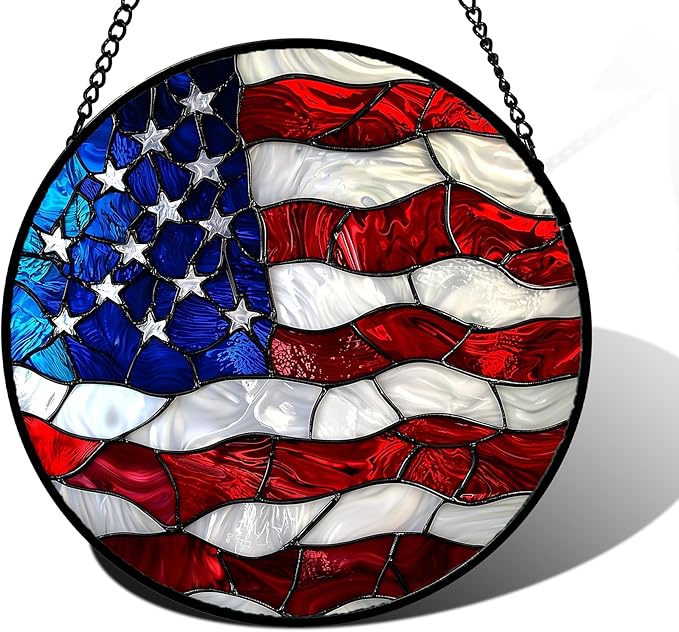 Stained Glass Window Hanging, Blue, White Red National Flag Pattern Sun Catchers Diamond Glass Panel Window Hangings Decor for Birthday Gifts for Women, Men, and Mom 9.8x9.8 in