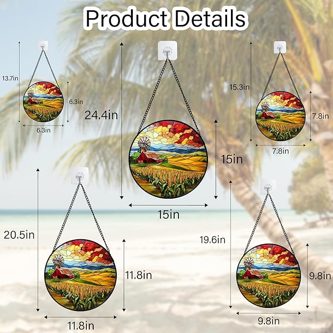 HWRHTR Stained Glass Window Hanging Autumn Farm Corn Harvest Landscape 9.8" - Suncatcher Garden Door Sun Catcher Home Decor Birthday Christmas for Woman Mom Friend Men Nana