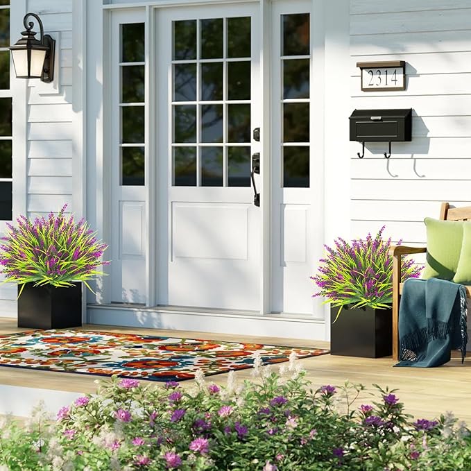 Grunyia 20 Bundles Artificial Plants Outdoor Fake Monkey Grass with Flowers (Fuchsia)