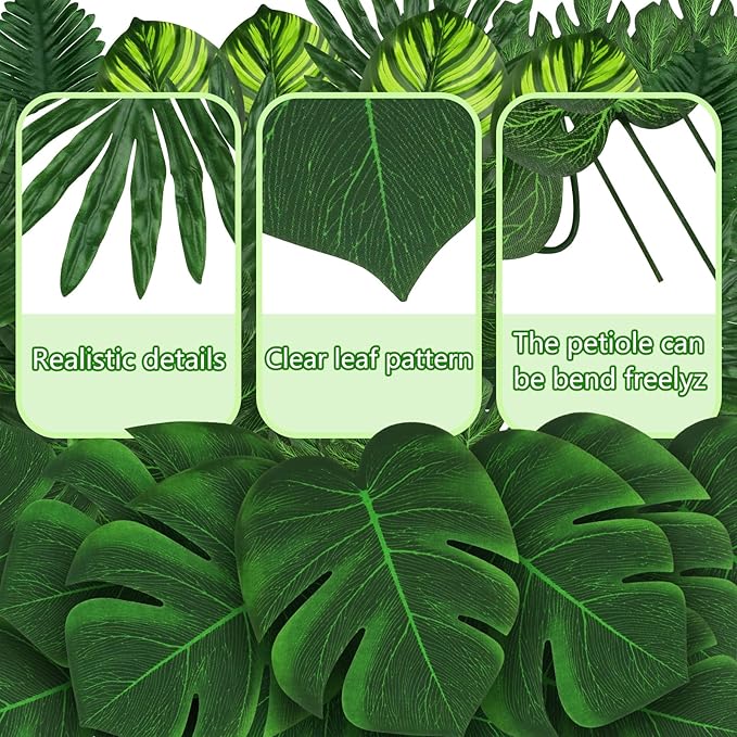 Tropical Party Decorations, 50 Pieces 7 Kinds Palm Leaves Artificial Tropical Monstera, Green Jungle Leaf with Stem for Jungle Hawaiian Luau Party Table Decoration Wedding Birthday