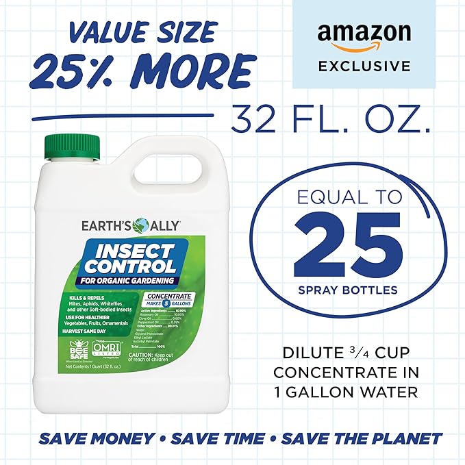 Earth's Ally Outdoor Indoor Plant Insecticide Concentrate - Insecticidal Soap for Plants - Insect Repellent Pest Control for Spider Mite, Aphid, Mealybug - Bee, Pet, Kid Safe - 32 Oz, Makes 5 Gallons